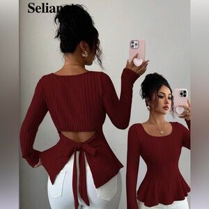 SHEIN Burgundy Tie-Back Long Sleeve Blouse Size Large